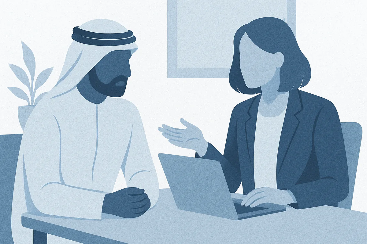 Two professionals having a constructive conversation at a desk with a laptop, one in light attire and one in business blazer, with a potted plant nearby, depicted in soft blue tones.