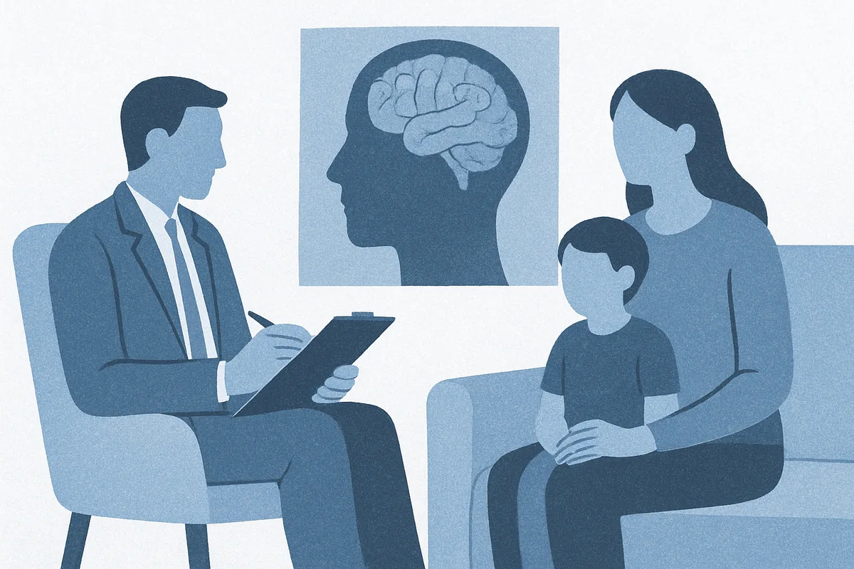 A mental health professional consults with a mother and child during a neuropsychological assessment, with an anatomical brain illustration visible in soft blue tones.