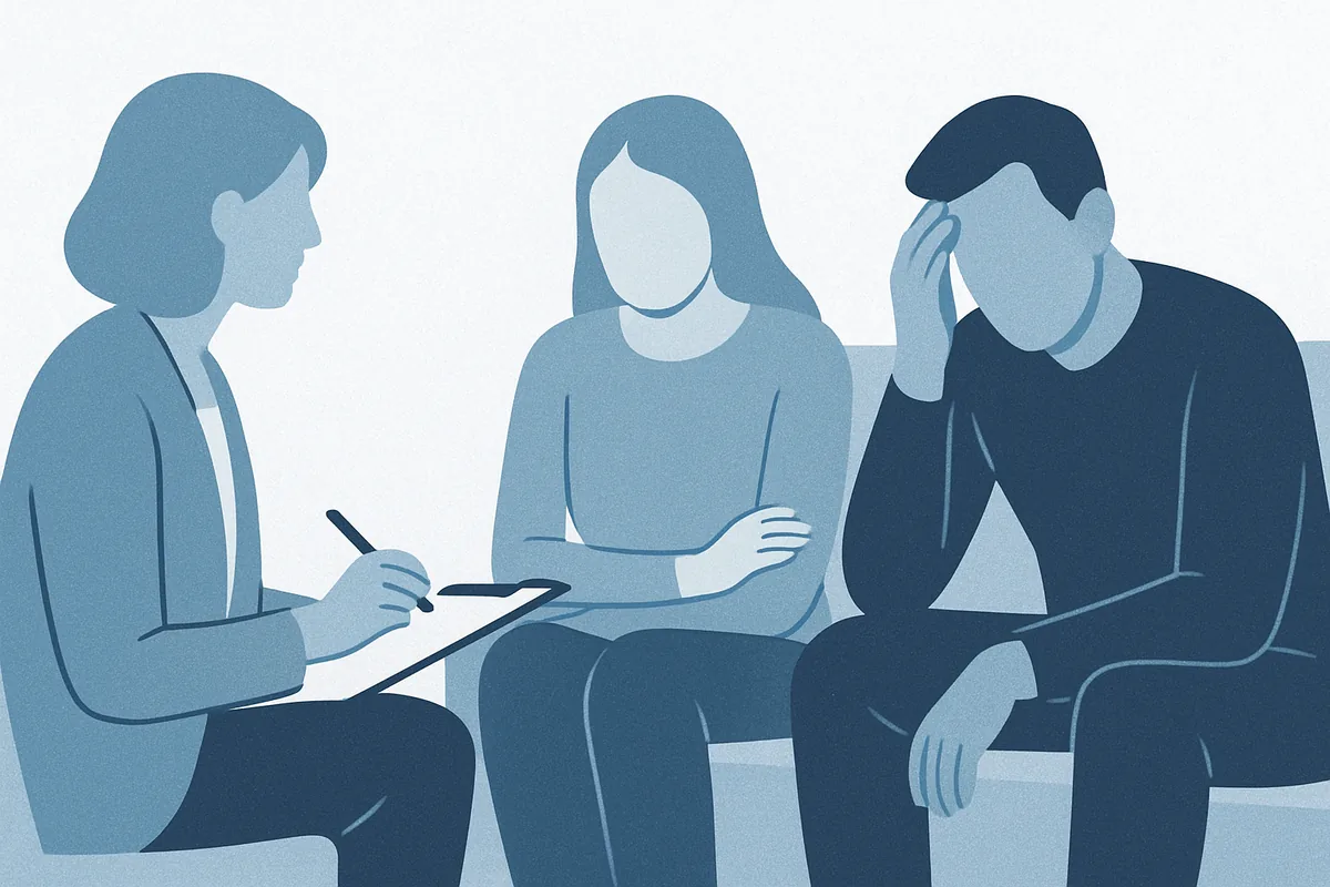 A mental health professional with clipboard conducts a therapeutic consultation with two adults in a calm group setting, rendered in soft blue tones.
