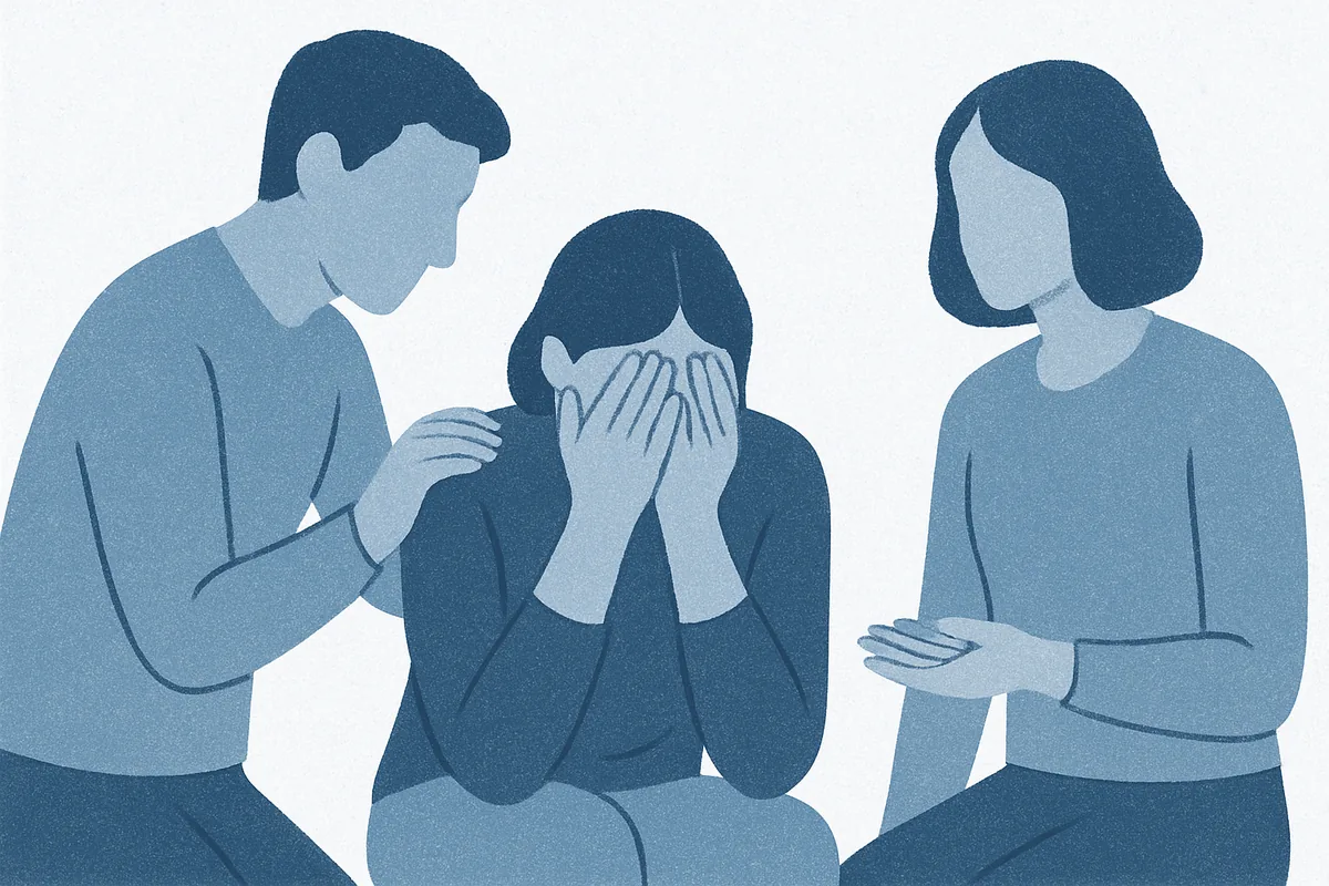 Three figures in soft blue tones provide emotional support and comfort to a distressed person in the center, illustrating compassionate response during a mental health crisis.