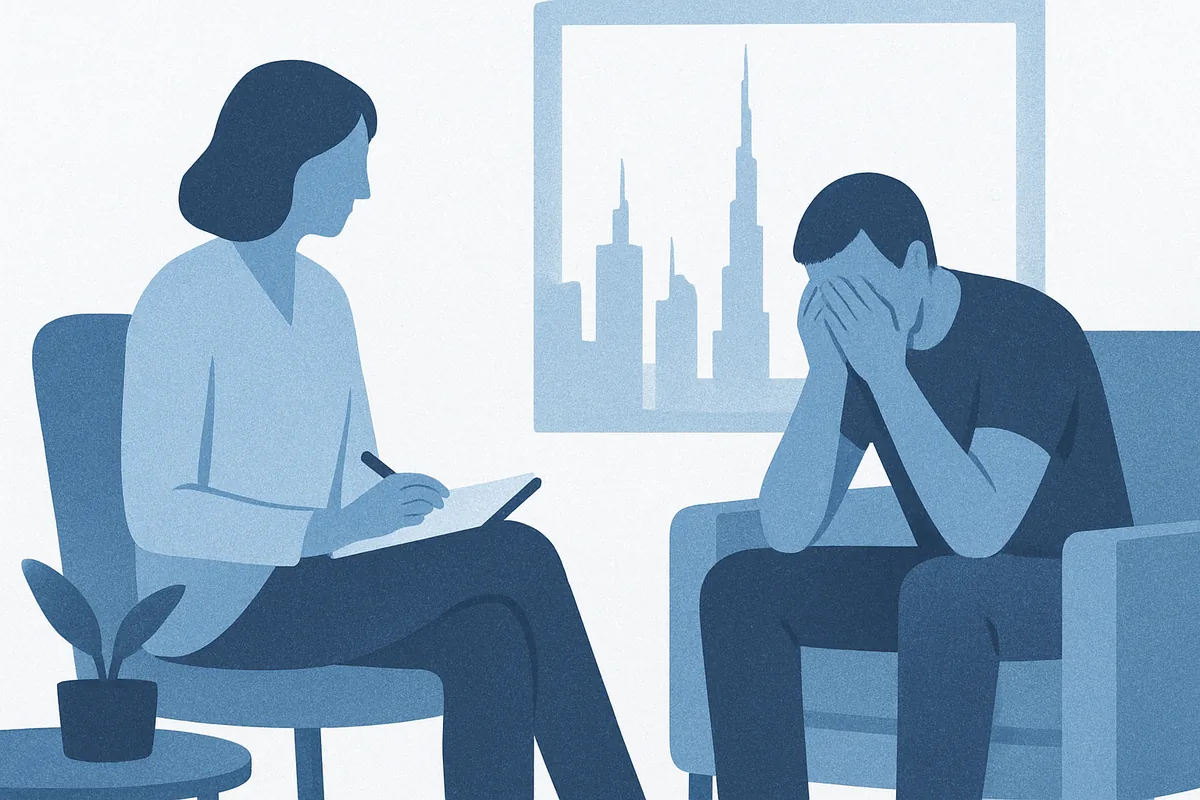 A therapist sitting with an adult in distress in a calm room, in soft blue tones