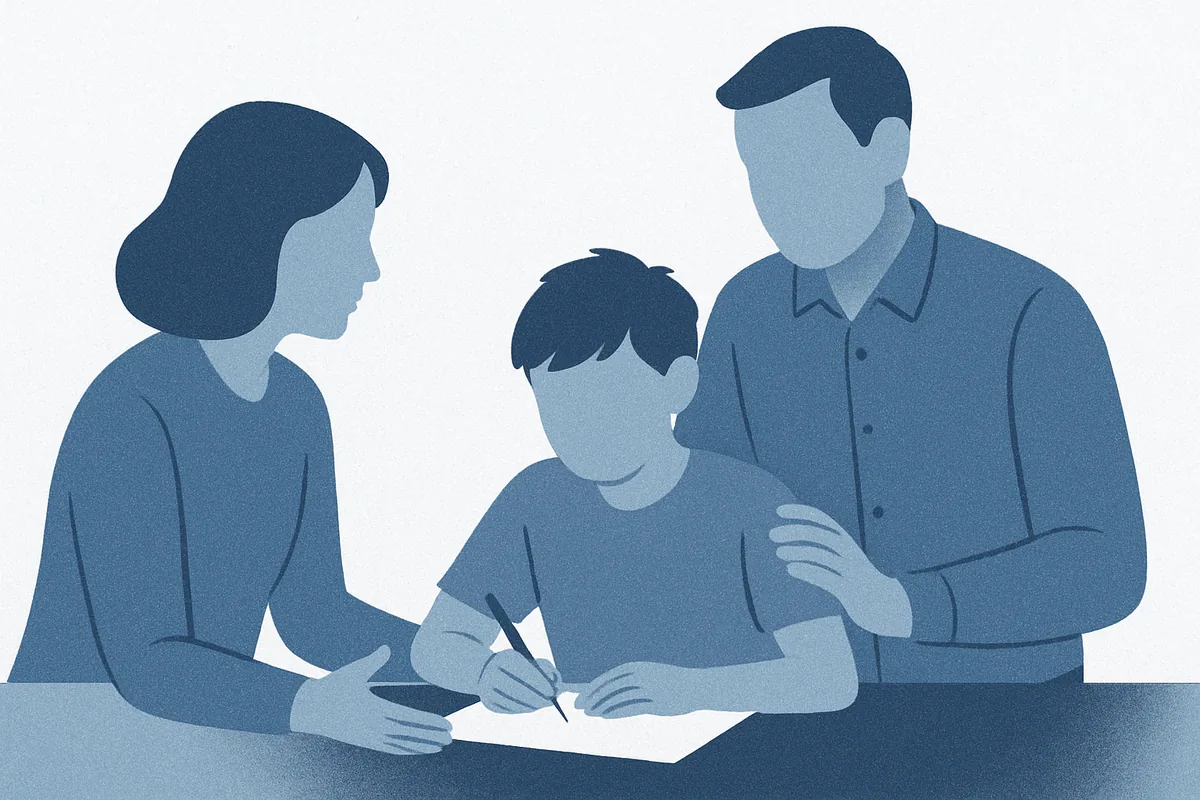 Two adults guide a child through a writing task, demonstrating parental support and collaboration for learning at home, in soft blue tones.