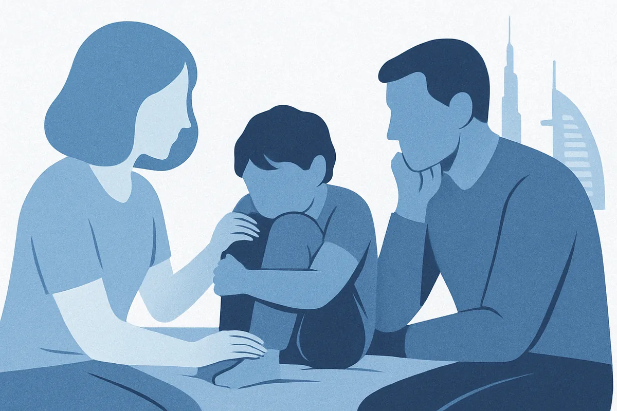 A supportive scene showing two adults comforting an anxious child during a caring conversation, depicted in soft blue tones.