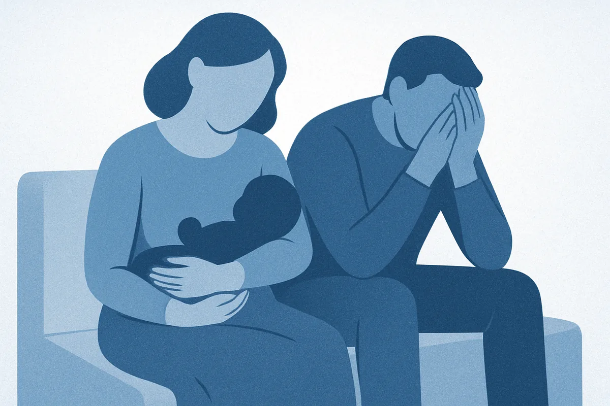 A couple sits together on a couch with their newborn baby, depicting emotional support and connection during the perinatal period in soft blue tones.