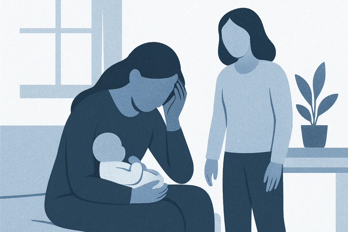 A healthcare provider offers compassionate support to a mother holding her newborn, illustrating postpartum care and mental health support in soft blue tones.