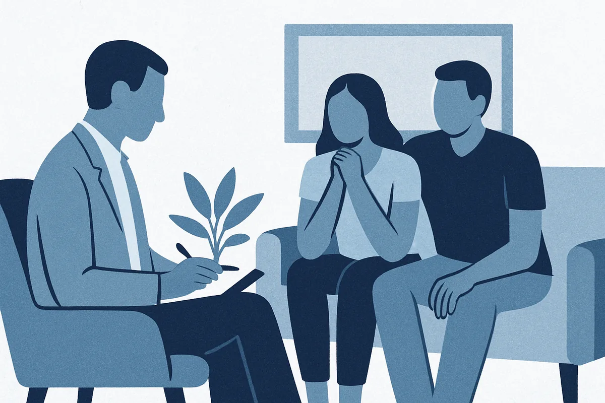 A therapist takes notes while consulting with a couple on a couch in a modern office setting, depicted in soft blue tones.