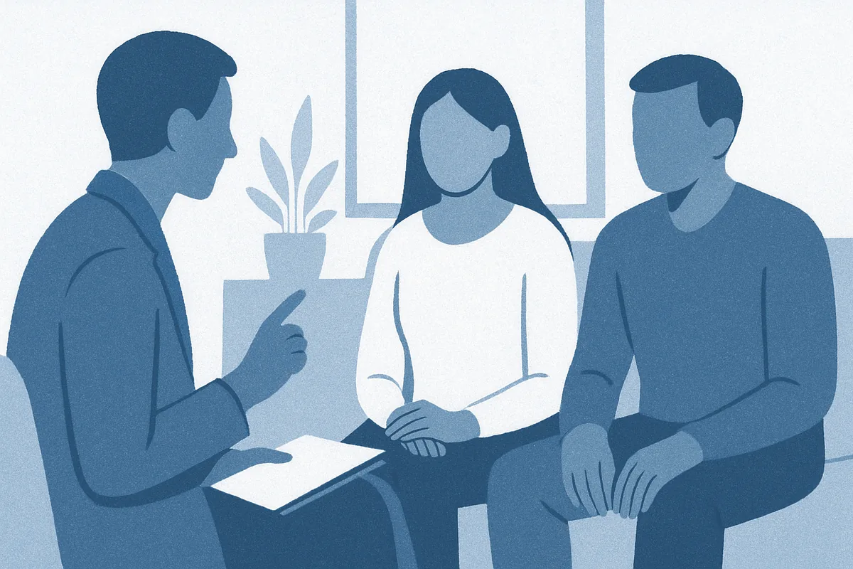 Three professional figures engaged in a therapeutic consultation at a desk in a modern office setting with plants and architectural details in soft blue tones.