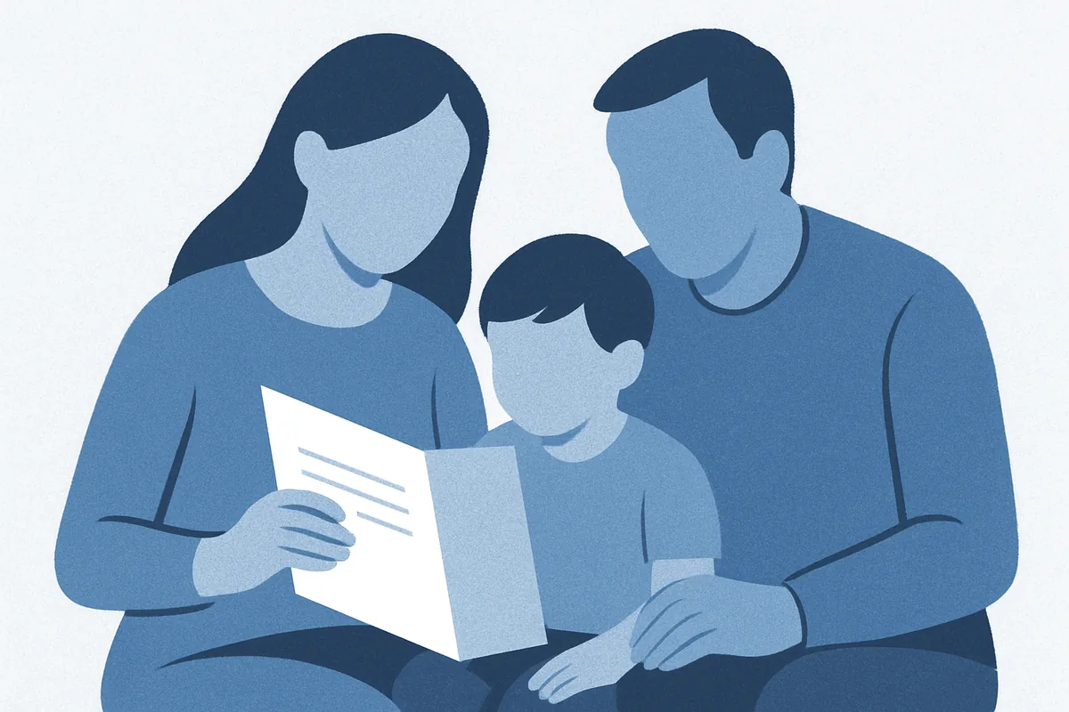A family of three—two parents and a child—sitting together and reviewing a document, rendered in soft blue tones.