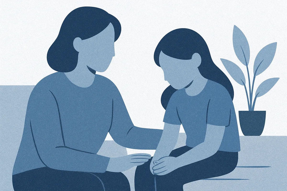 An adult and child sit together in a calm conversation, holding hands, with a potted plant beside them in soft blue tones.