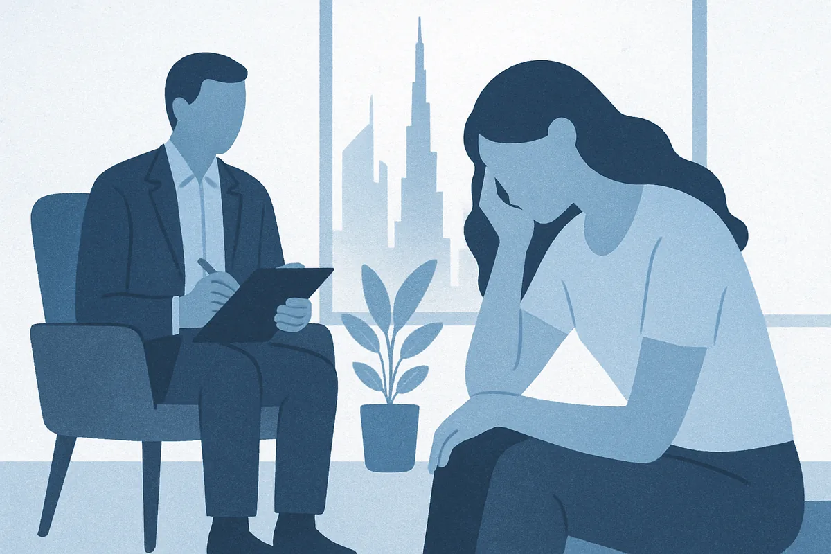 A therapist and client sit in a modern office overlooking a city skyline, with a small potted plant between them, both rendered as minimalist figures in soft blue tones.