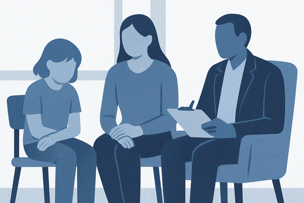 A child and adult seated across from a professional holding a clipboard in a therapy consultation setting in soft blue tones.
