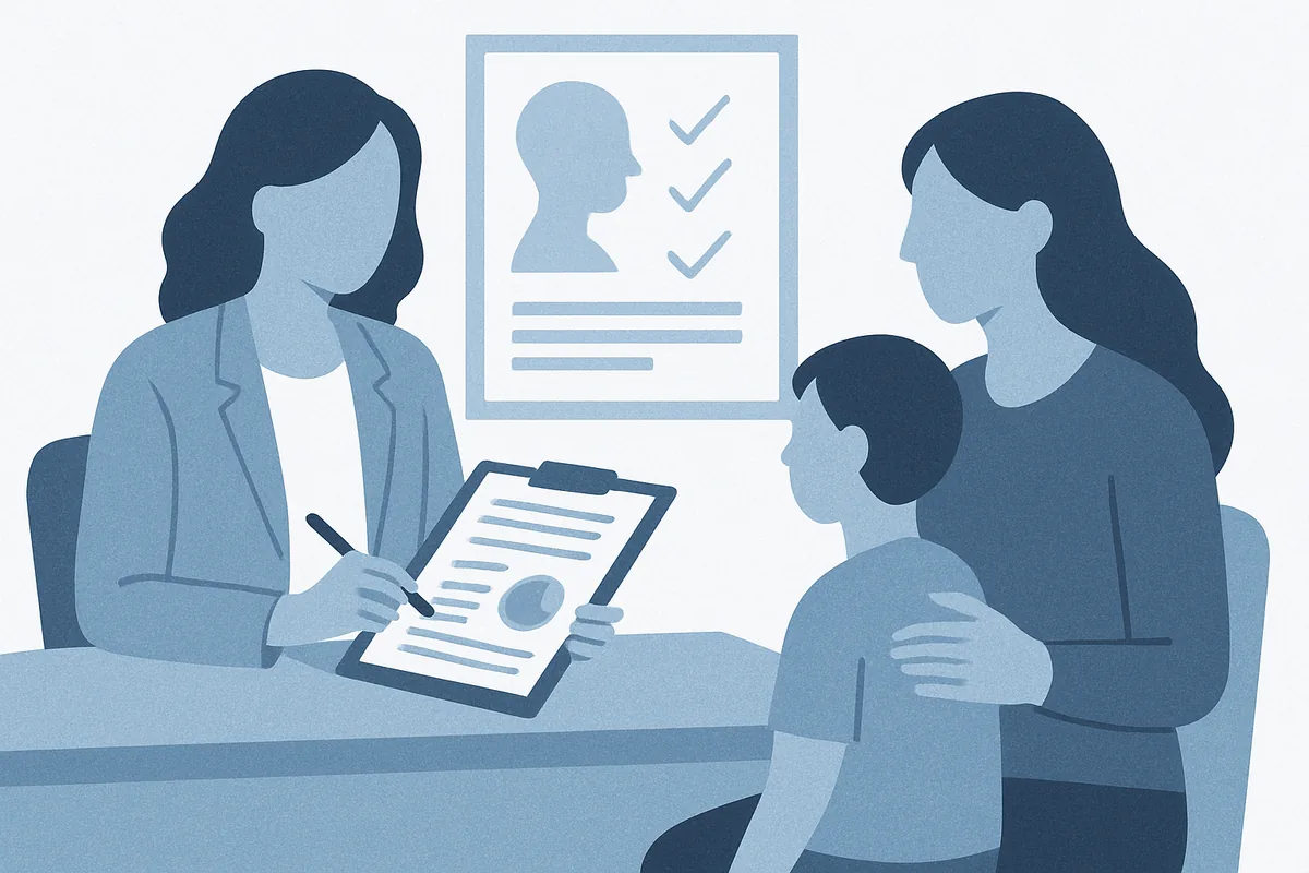 A psychology professional conducts an assessment consultation with a parent and child, reviewing a clipboard with evaluation form and assessment poster on the wall, depicted in soft blue tones.