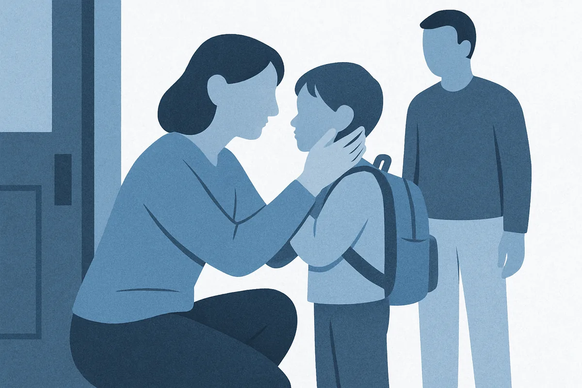 A mother comforting her anxious young child at drop-off while a caregiver waits nearby, illustrated in soft blue tones.