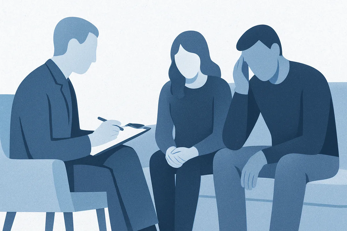 A therapist takes notes while consulting with a couple during a counseling session in soft blue tones.