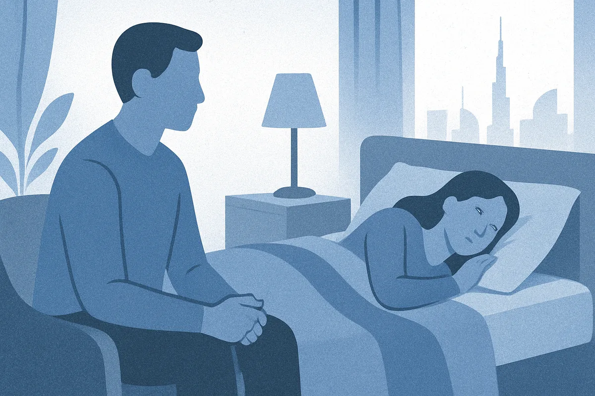 A partner sits attentively beside someone resting in bed in a modern apartment overlooking a city skyline, conveying emotional support and care for sleep and mental wellness in soft blue tones.