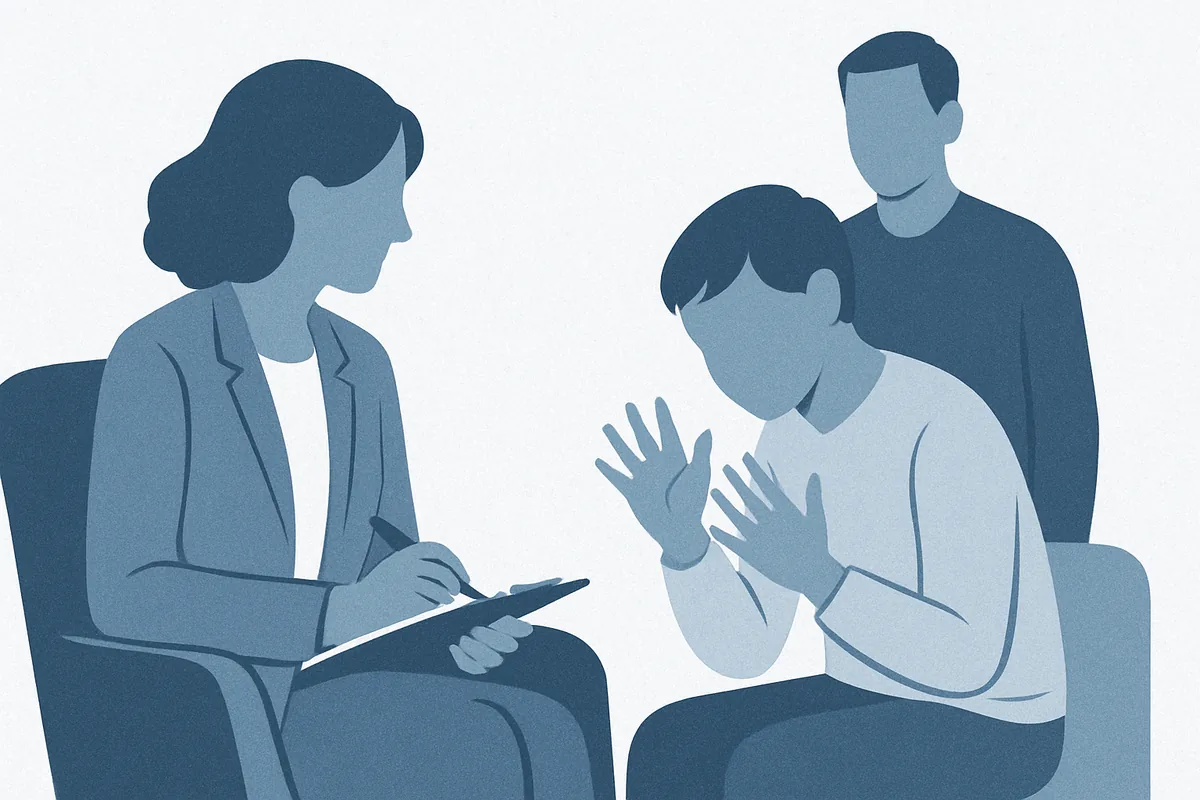 A healthcare provider takes clinical notes while a patient expresses themselves with expressive hand gestures during a therapy session in soft blue tones.