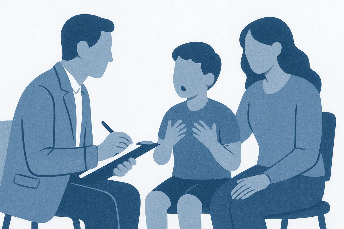 A speech therapist in professional attire consults with a young child and parent during a supportive therapy session in soft blue tones.