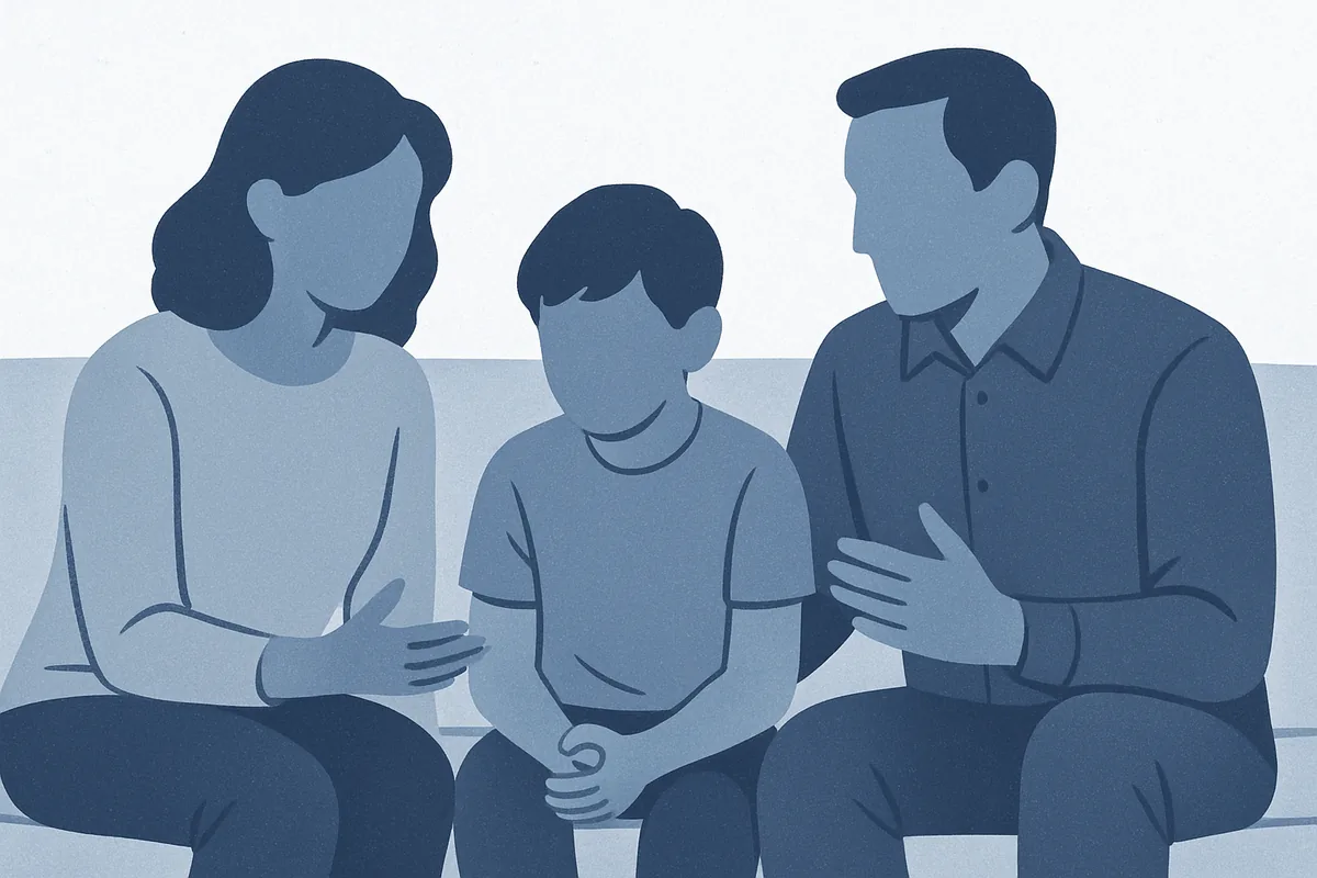 A faceless family of three—two adults and a child—sit together on a couch in an engaged, supportive conversation in soft blue tones.