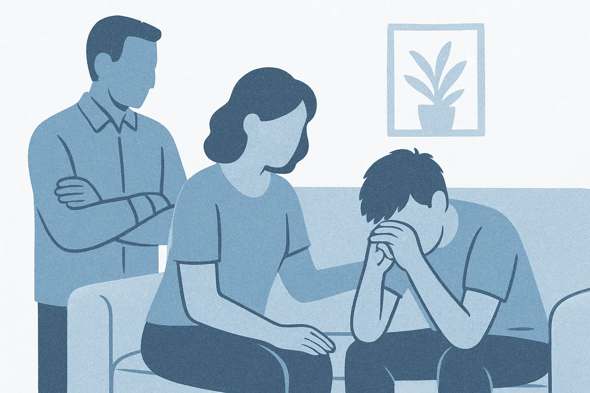 An illustration of a mental health counselor or parent speaking with two teenagers in a clinical setting, conveying supportive dialogue and emotional care in soft blue tones.
