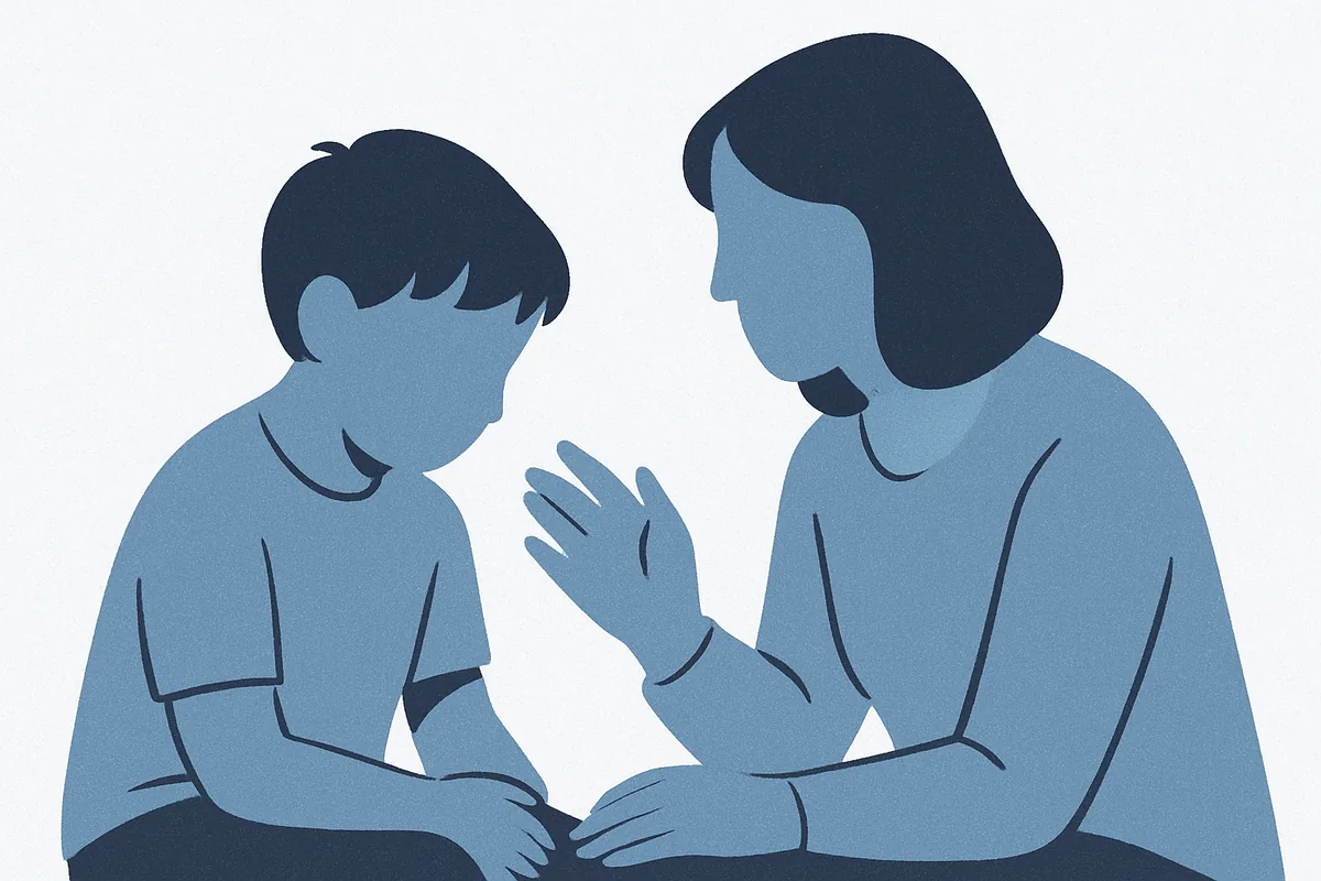 An adult and child sit together in a warm, supportive conversation, holding hands with gentle gestures of connection and care, rendered in soft blue tones.