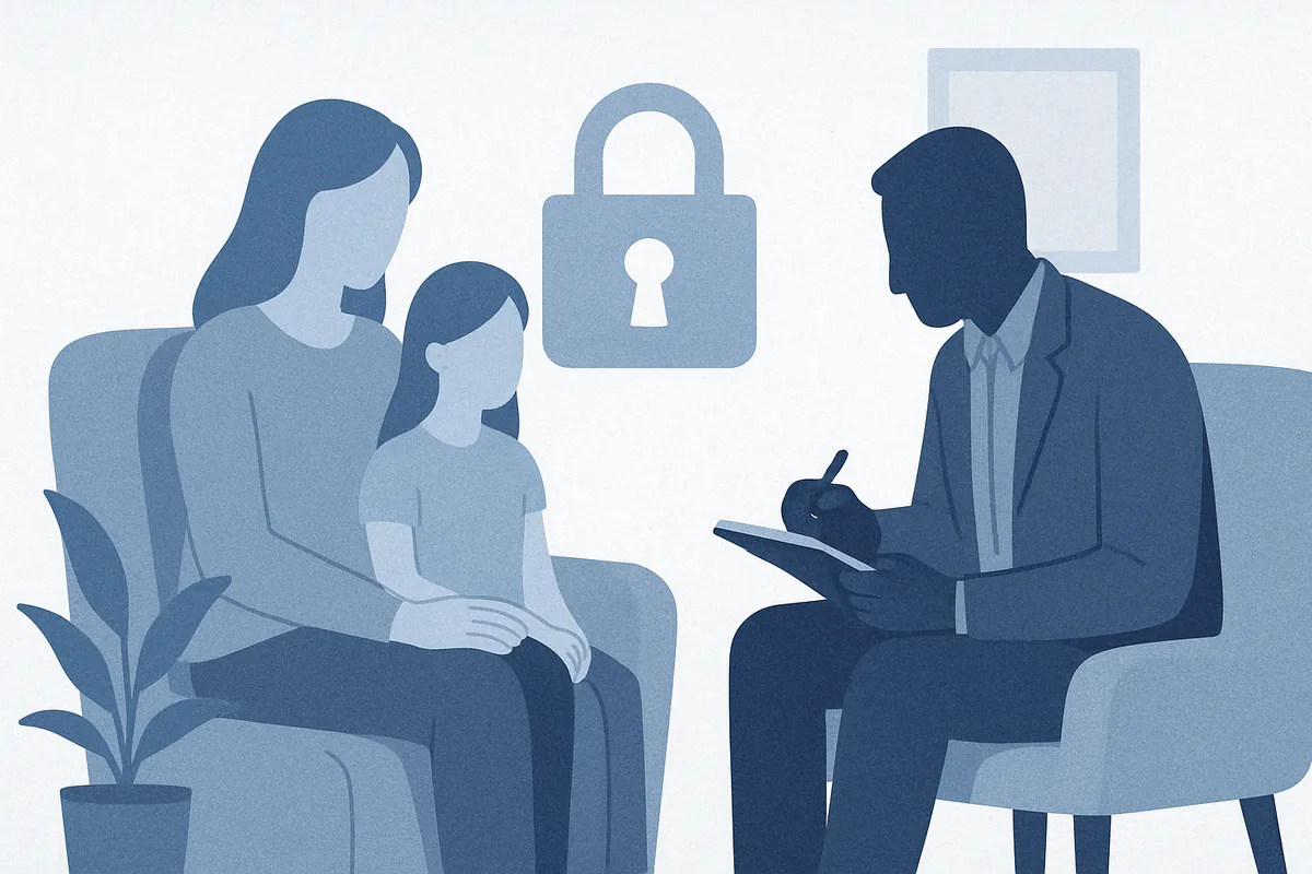 A therapist takes notes while speaking with a woman and child during a confidential session, with a padlock symbol representing privacy overhead, in soft blue tones.