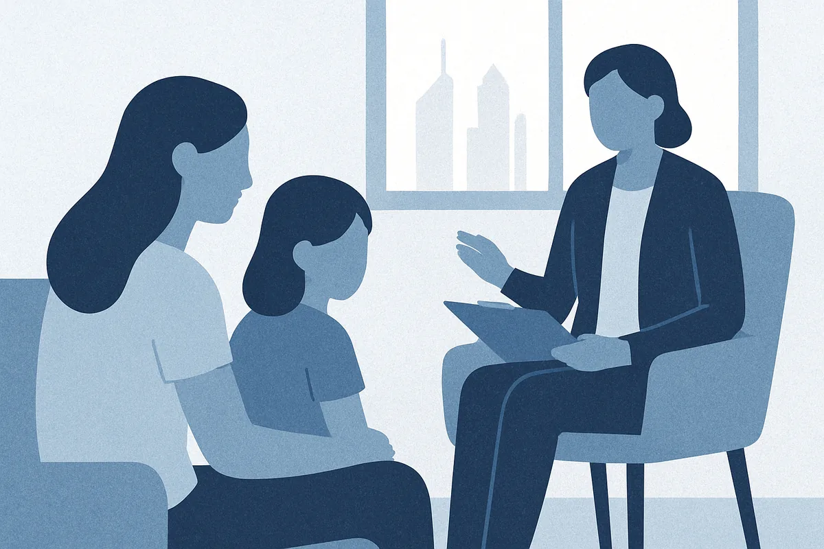 A counselor or mental health professional seated in conversation with two young people in an office setting overlooking a city skyline, rendered in soft blue tones.