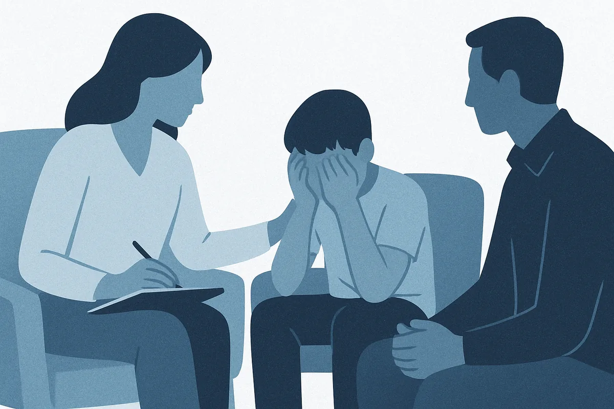 A psychologist conducts a supportive therapy session with a distressed child and parent present, depicted in soft blue tones.