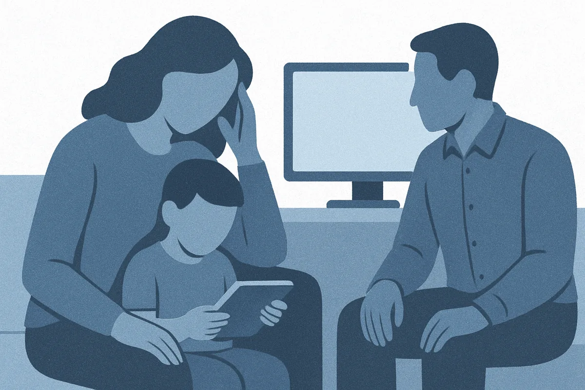 A family with a young child holding a tablet while a therapist or counselor observes on a monitor in a clinical setting, illustrated in soft blue tones.