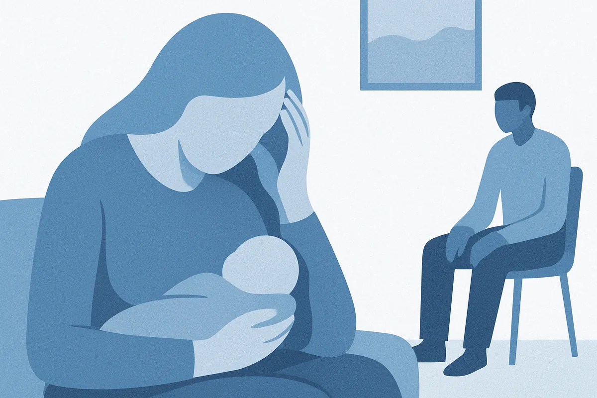 A therapist and patient in conversation during a counseling session, with one figure seated and the other leaning forward in supportive dialogue within a minimalist clinical interior, depicted in soft blue tones.