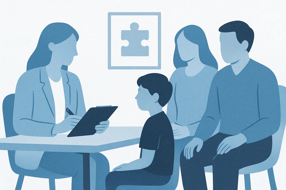 A professional conducts an autism assessment evaluation with a child and parents in a clinical setting, indicated by a puzzle piece symbol on the wall, rendered in soft blue tones.