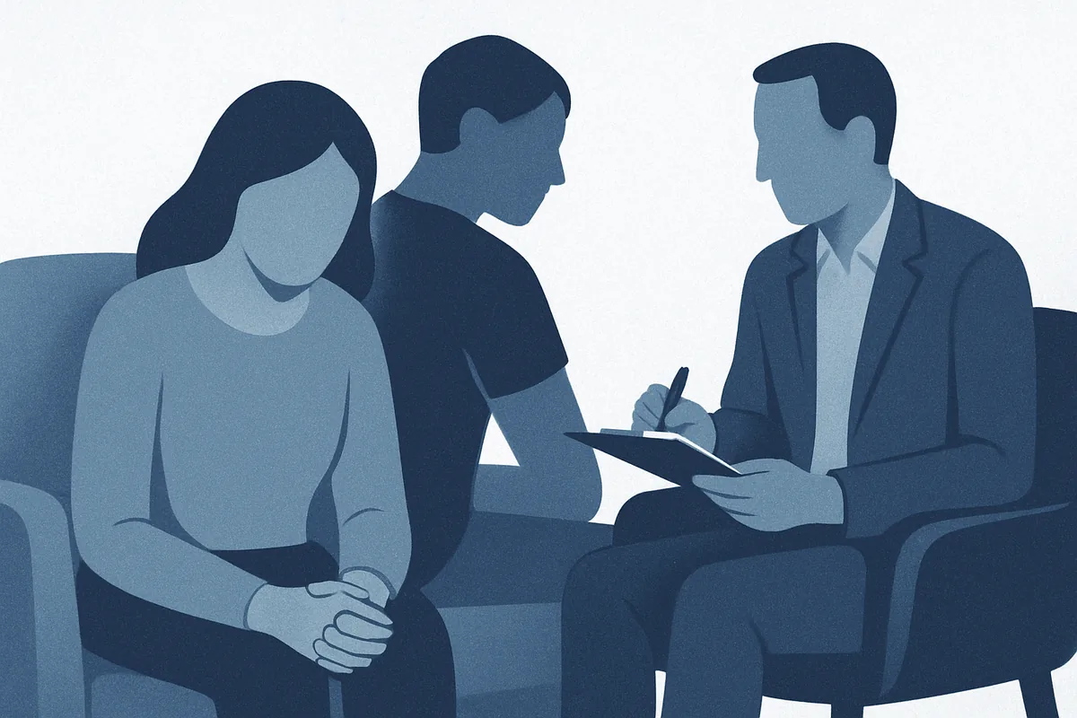 A healthcare professional takes notes while consulting with two patients during a mental health session in soft blue tones.
