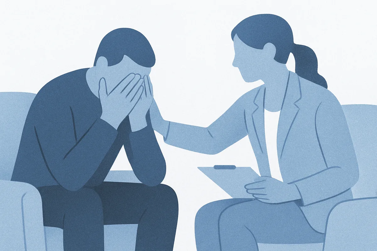 A therapist offers supportive comfort to a distressed client during a compassionate conversation in a clinical setting, illustrated in soft blue tones.