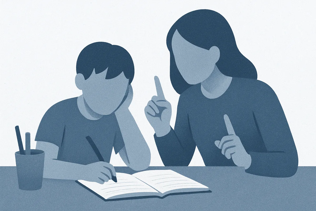 A faceless adult and child work together at a table with an open book, with one figure pointing upward in a teaching moment, in soft blue tones.